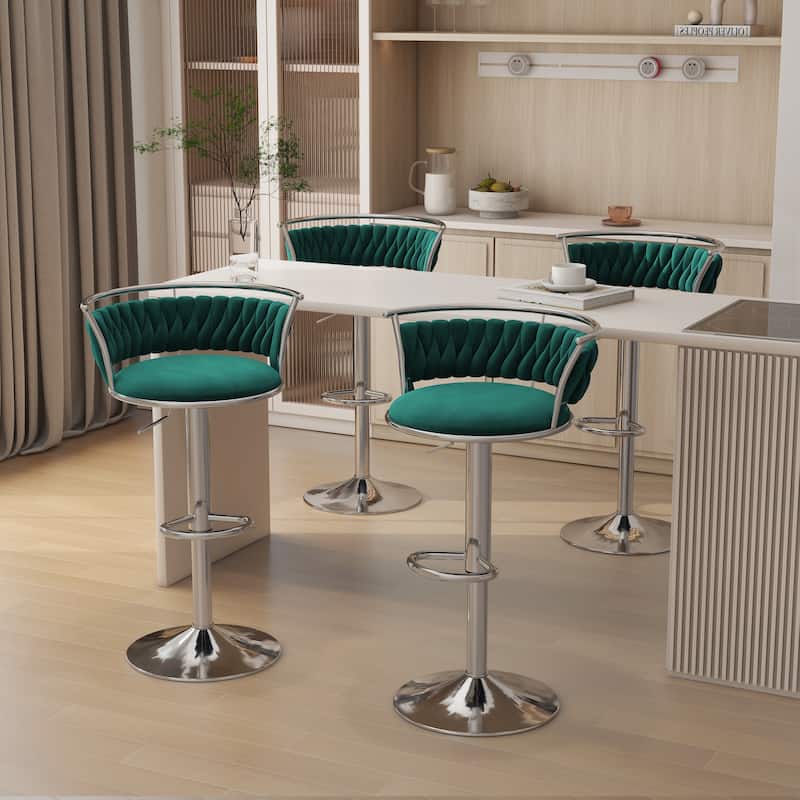 Modern Velvet 26" Adjustable Swivel Bar Stools (Set of 4) - Set of 4 - Dark Green-Silver