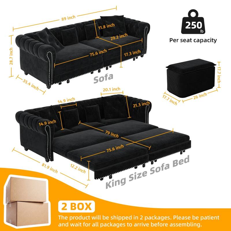 89" Chesterfield Pull Out Sofa Bed - Velvet 3-in-1 Convertible Sleeper with Chaise & Ottoman, King Size Sleeper Sofa