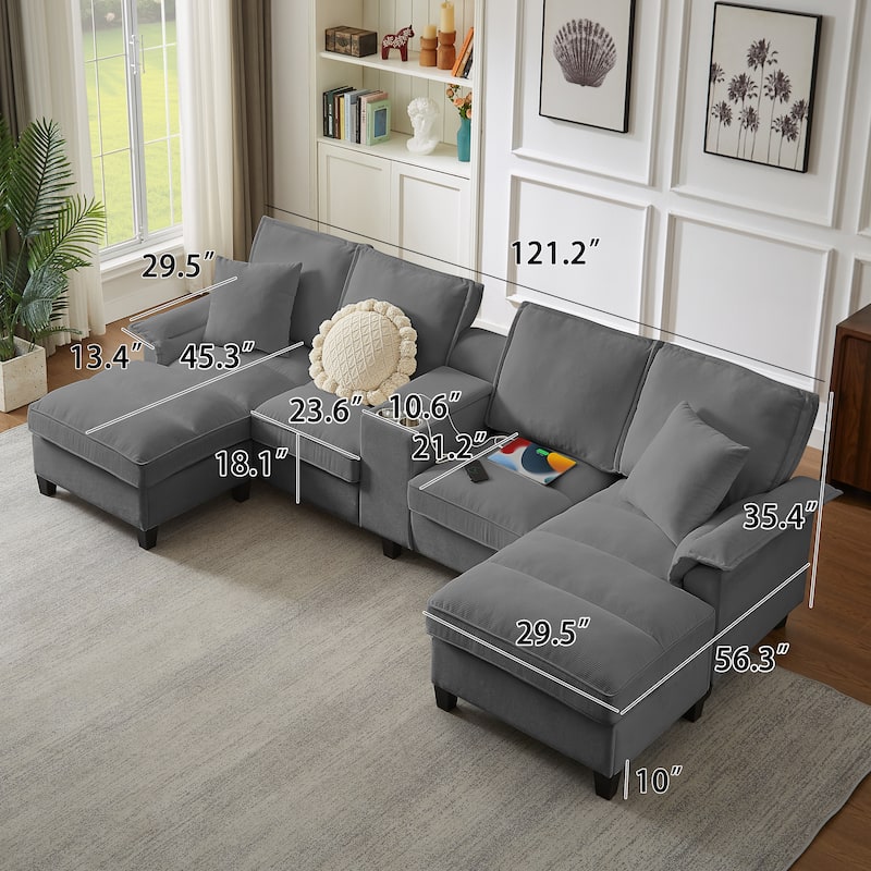 Corduroy U-shaped Sectional Sofa with Double Storage Chaise Lounge, Console Table with Charging Station, Box and Cup Holders