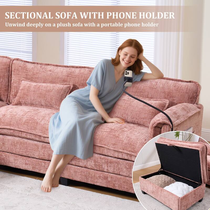 GALDWIN Chenille Upholstered L-shaped Modular Sectional Sleeper Sofa with Movable Storage Ottoman,USB&Type-C