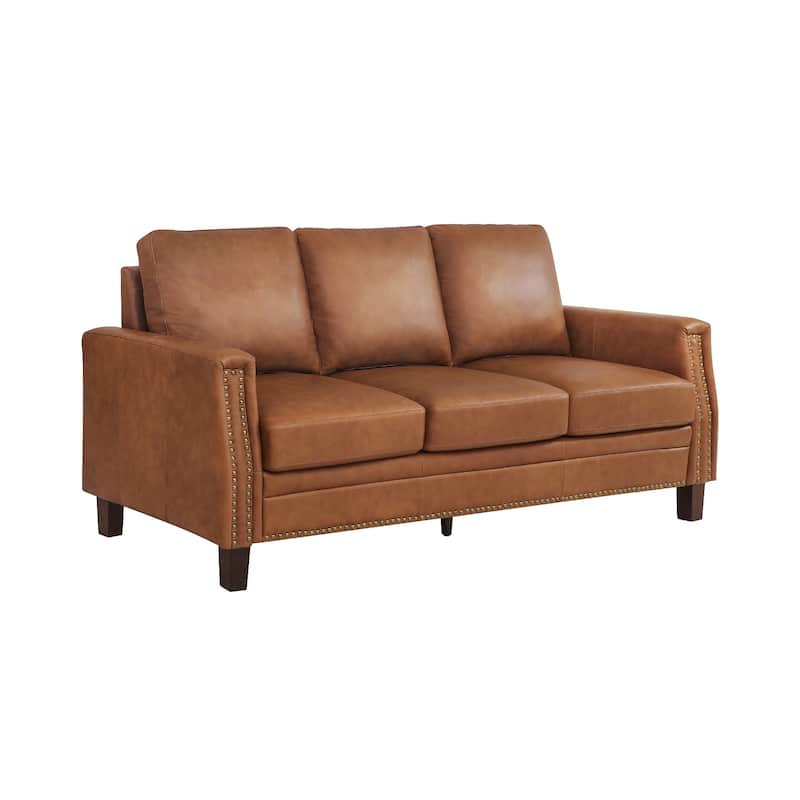 Mid-Century Modern 3-Seater Sofa 84" in Upholstered Genuine Leather with Solid Wood Frame for Living Room
