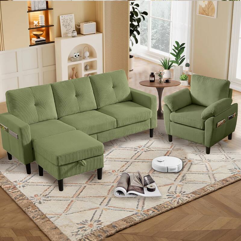 3 Pieces Corduroy Living Room Set with Sofa ,Storage Ottoman and Chair