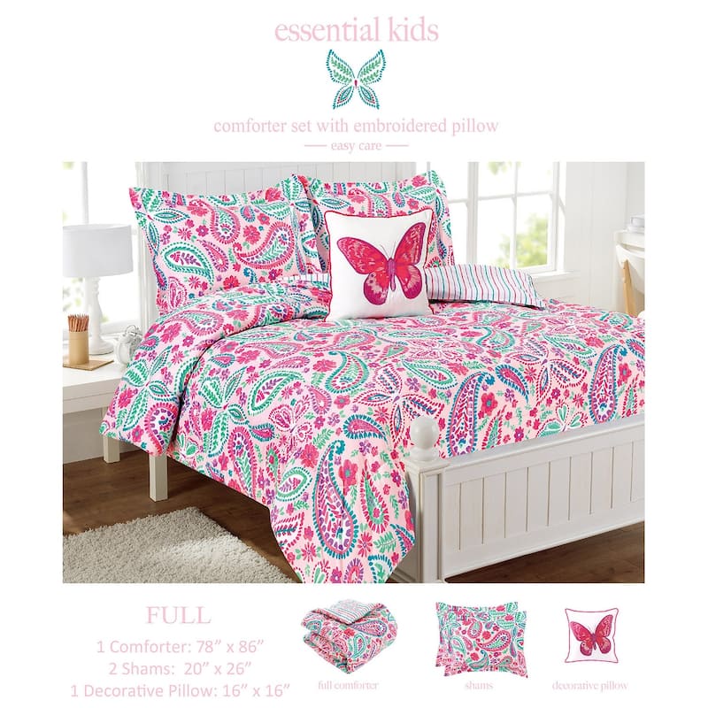 Watercolor Flutter Pink Floral Comforter Set With Butterfly Throw Pillow