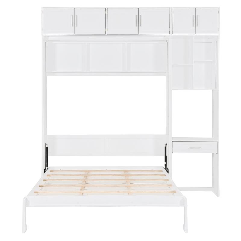 Wall Murphy Bed with Desk, Top Cabinet and Storage Shelves