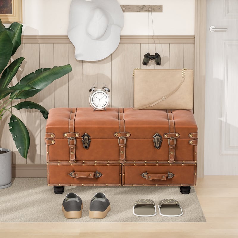 COZAYH Vintage Storage Ottoman Bench, Chest Cabinet with Latch Closure and Buckle for Bedroom Closet Home Organizer Decorative