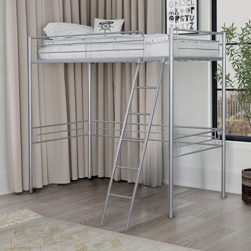 Twin Loft Bed with Open Area Underneath, Silver Metal Structure - Silver
