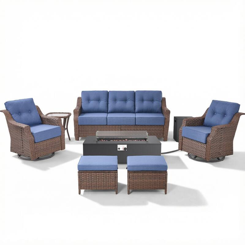 Pocassy Patio 7 Piece Sofa Swivel Chair Ottoman with Fire Table