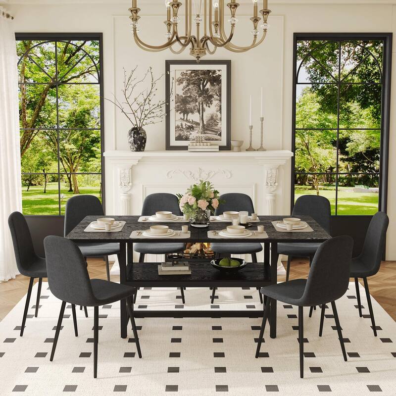 9-Piece Spliced Dining Table Set with Storage, 71x35.4 Inch Table & 8 High-Resilience Fabric Chairs