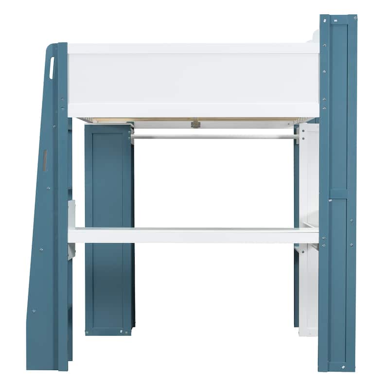 Full Size Wood Loft Bed With Built-In Storage Shelves,Clothes Rails And Desk