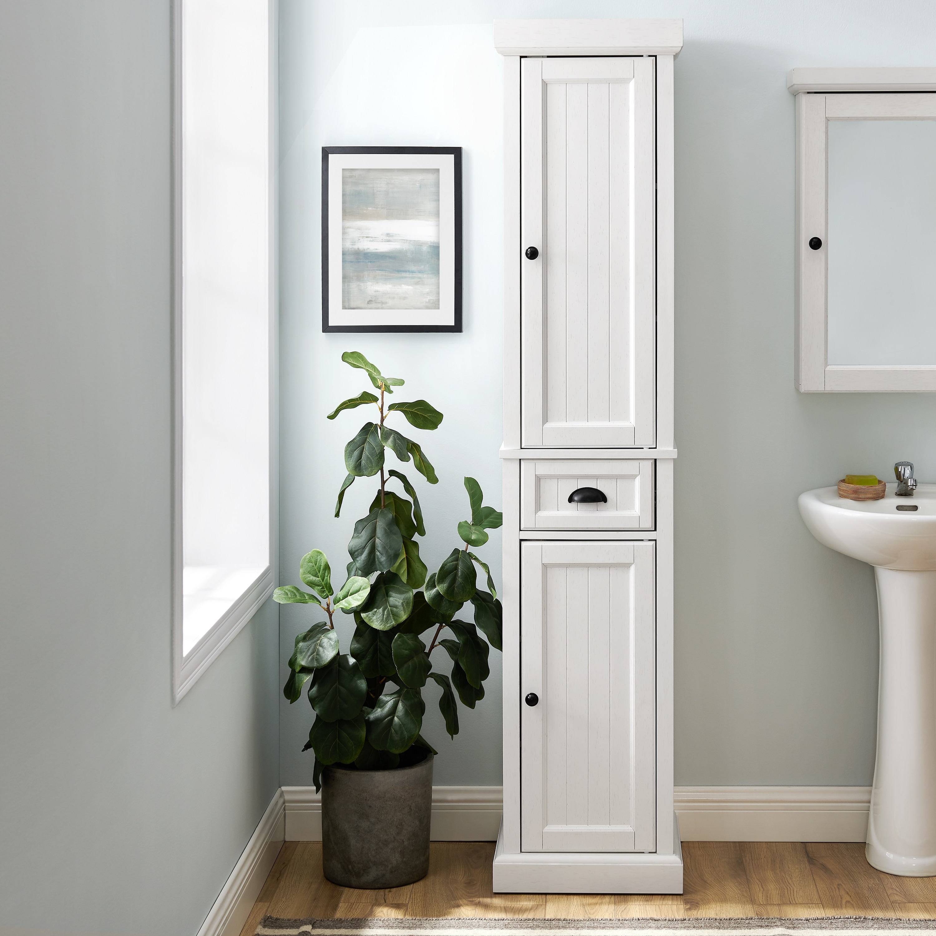 Crosley Seaside Tall Linen Cabinet Distressed White