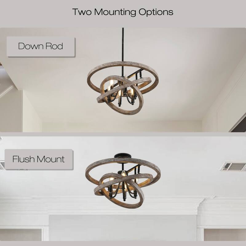 CurveCurio 20" Weathered Wood and Brushed Matte Black DIY Chandelier with Adjustable Shade for Dining Room and Foyer Décor