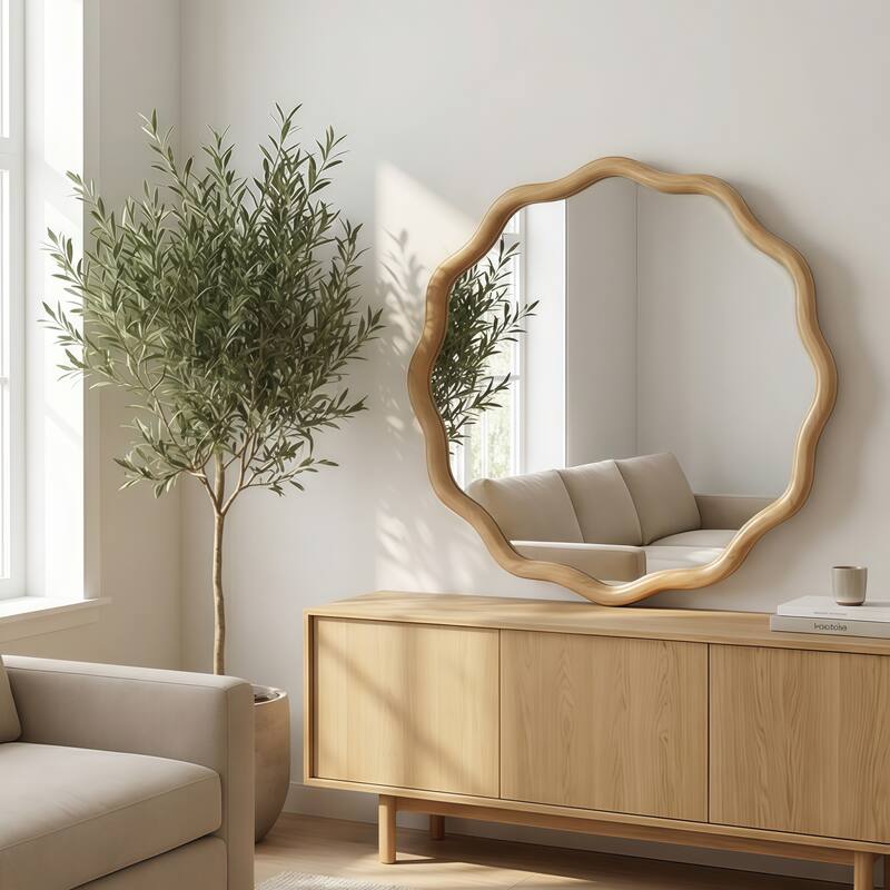 24 inch Wavy Round Solid Wood Frame Decorative Mirror,For Bedroom, Bathroom, Living Room, Entryway