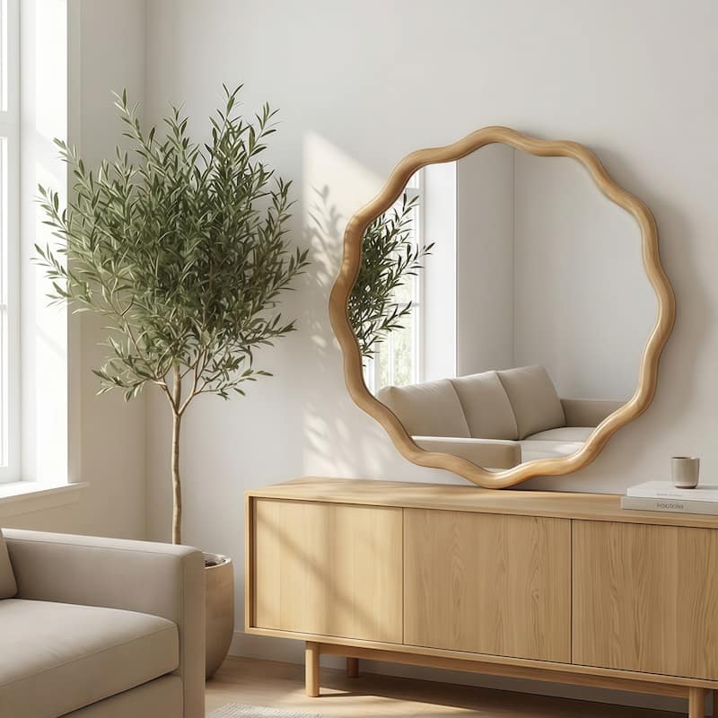 24 inch Wavy Round Solid Wood Frame Decorative Mirror