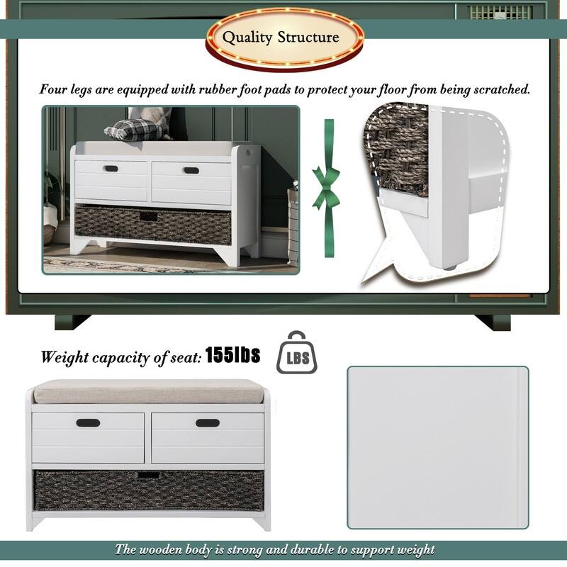 Grondin Retro Framhouse Style Entry Storage Shoe Bench with Padded Cushion, 2 Drawers and Removable Basket