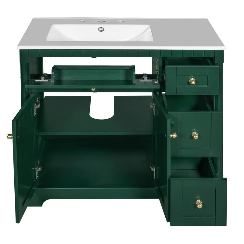 Roomfitters 36 Inch Bathroom Vanity with Sink, Modern Storage Cabinet with Adjustable Shelf and Drawers, Green
