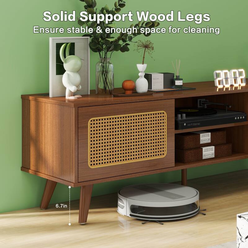 Modern TV Stand with 2 Storage Cabinet and Upper and Lower Compartment 4 Strips Wood Legs for Living Room