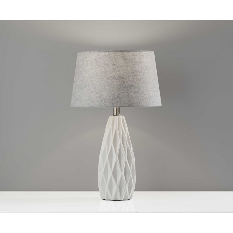 White Ceramic Base Bedside Table Lamps Set of 2 with Grey Fabric Drum Shades Rotary Switch - 13.75” x 13.75” x 22.5” (D x W x H)
