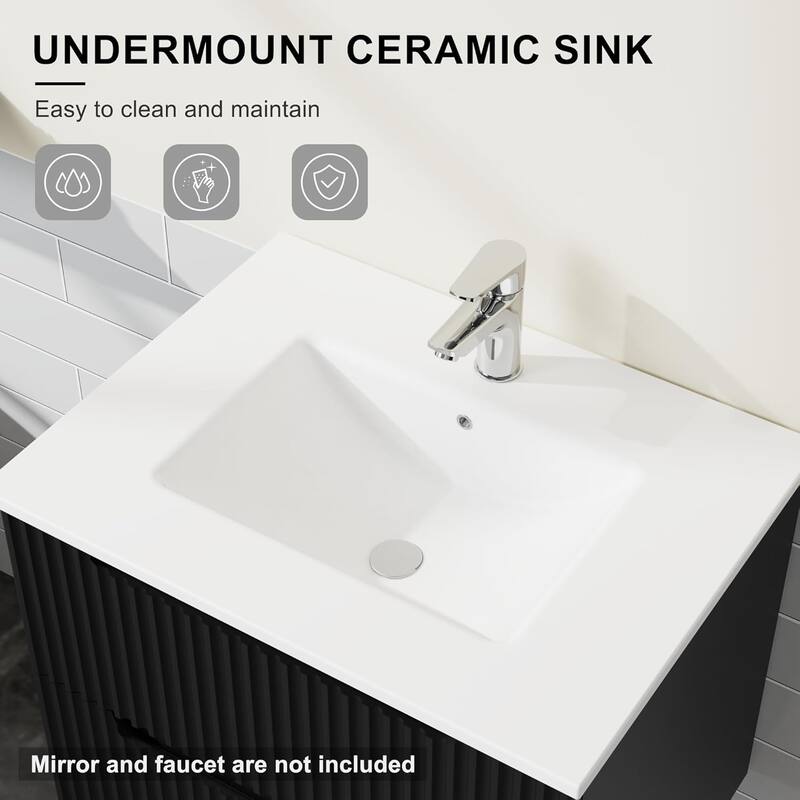 24" Wall Mounted Bathroom Vanity with Ceramic Sink, Floating Cabinet with 2 Soft-Close Drawers, Modern MDF Storage Combo