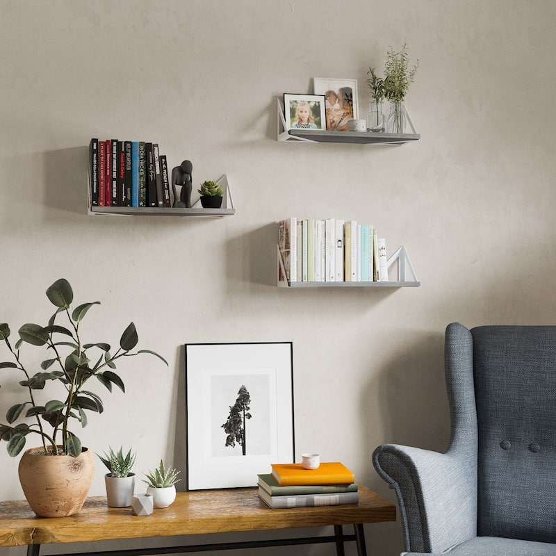 Wallniture Minori 17x6" Wood Wall Shelves with White Metal Brackets, Gray, Set of 3