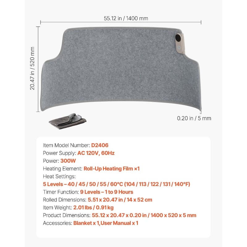 Grey Roll-Up Under Desk Foot Warming Pad 5 Temp and 9-Hour Timer - 55.12 x 20.47 x 0.20 in