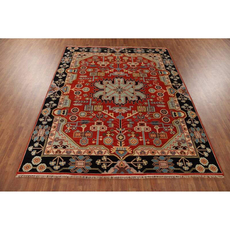 Orange Geometric Kazak Indian Area Rug Handmade Wool Carpet - 7'10" x 9'11"