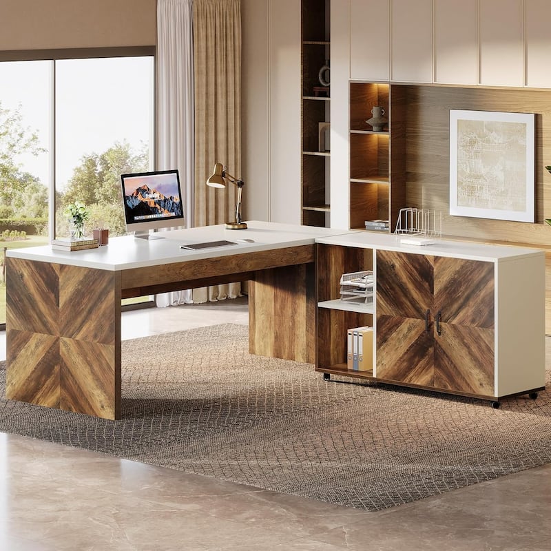 Modern Executive Office Desk with Mobile File Cabinet, 63-inch L-Shaped Desk, - Brown & White