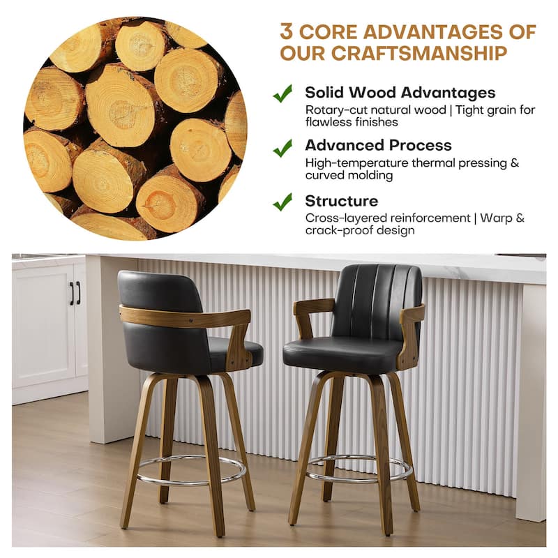 Upholstered Swivel Barstool with Arms and Bentwood Legs - 40.8"H x 18.9"W x 19.5"D/19.3"D