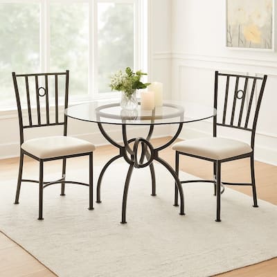 48 Inch Round Dining Table, Clear Glass Top, Interlocked Ring Motif Legs