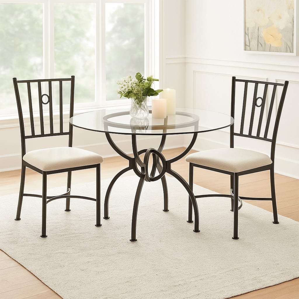 48 Inch Round Dining Table, Clear Glass Top, Interlocked Ring Motif Legs