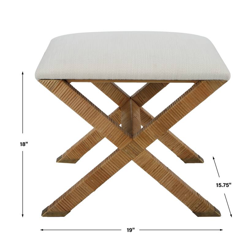 Upholstered Rattan X Shaped Base Small Bench - 19" - White and Brown