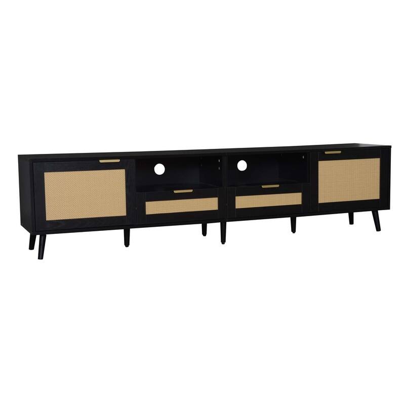 Farmhouse Rattan TV Stand for TVs up to 85" with Storage & Wood Legs