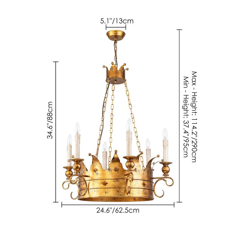 6-Light Luxury Retro Antique Gold Crown Metal Hanging Light Chandelier for Hallways,Living Room