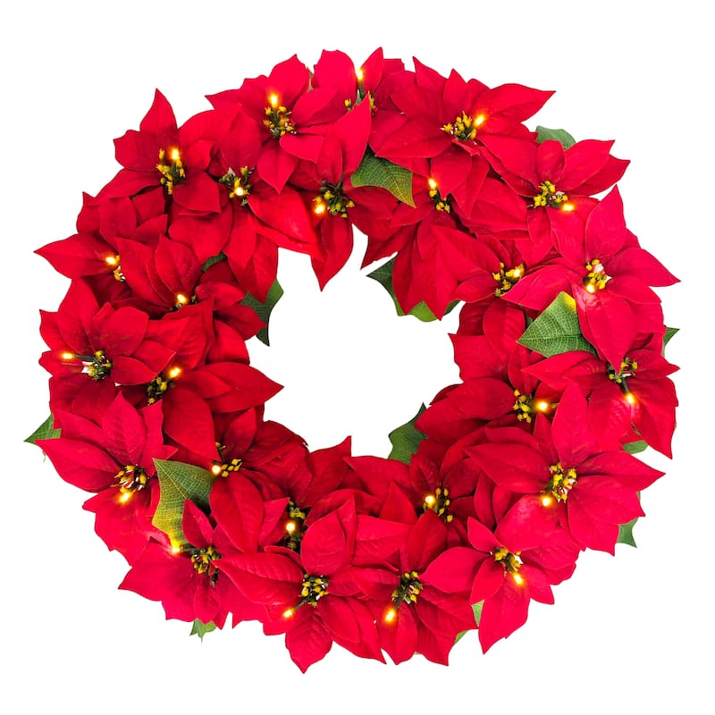 Puleo International 24" Pre-Lit Battery-Operated Artificial Red Poinsettia Wreath