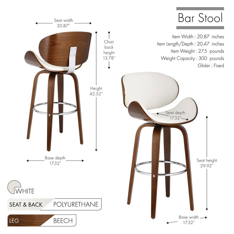 Porthos Home Hadyn Bar Stool, PU Leather, Sturdy Beechwood Legs