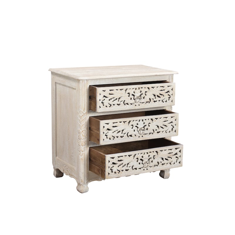 Florence Floral Carved Wood 3-Drawer Nightstand