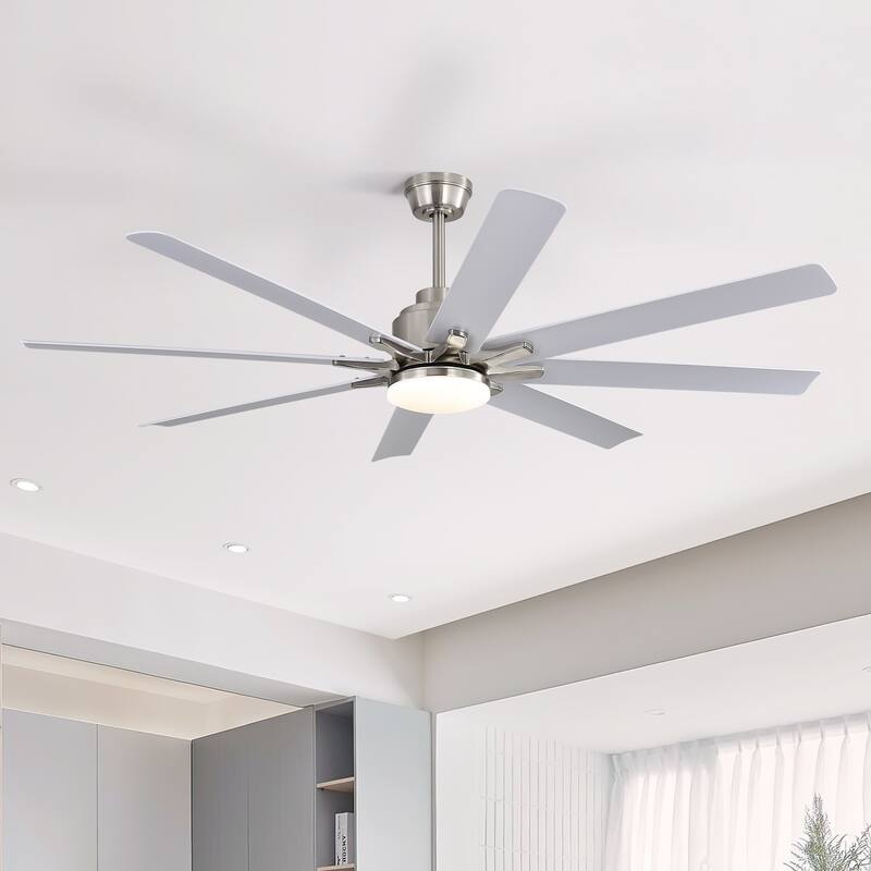 52 Inch/66 Inch/72 Inch Modern Ceiling Fan with Dimmable LED Light ,Remote&APP Control,8 Blades for Large Living Room,Porch - 52Inch - (Remote Control)Silver and White ABS Blades