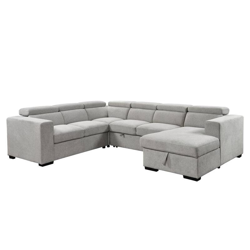 U-Shaped Sectional Sofa with Adjustable Headrest and Storage Chaise
