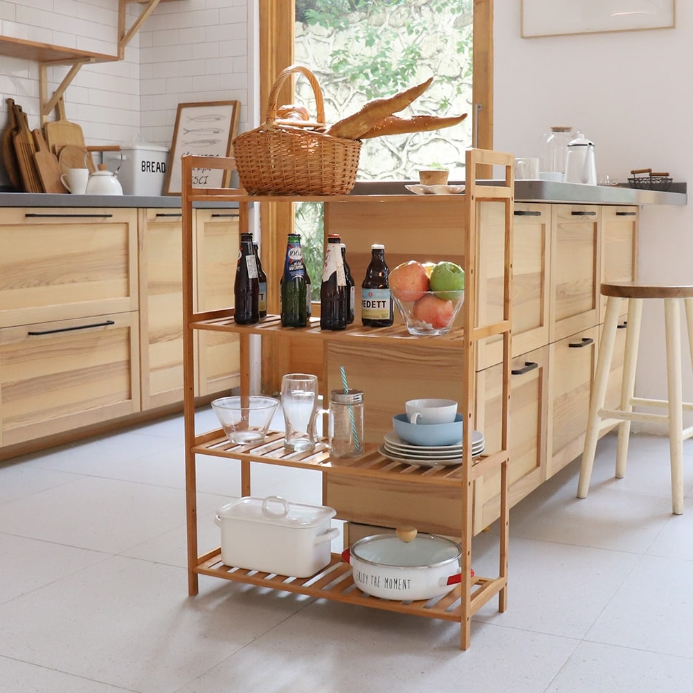 4 Tiers Bamboo Wood Storage Rack Kitchen Shelving Bookshelf