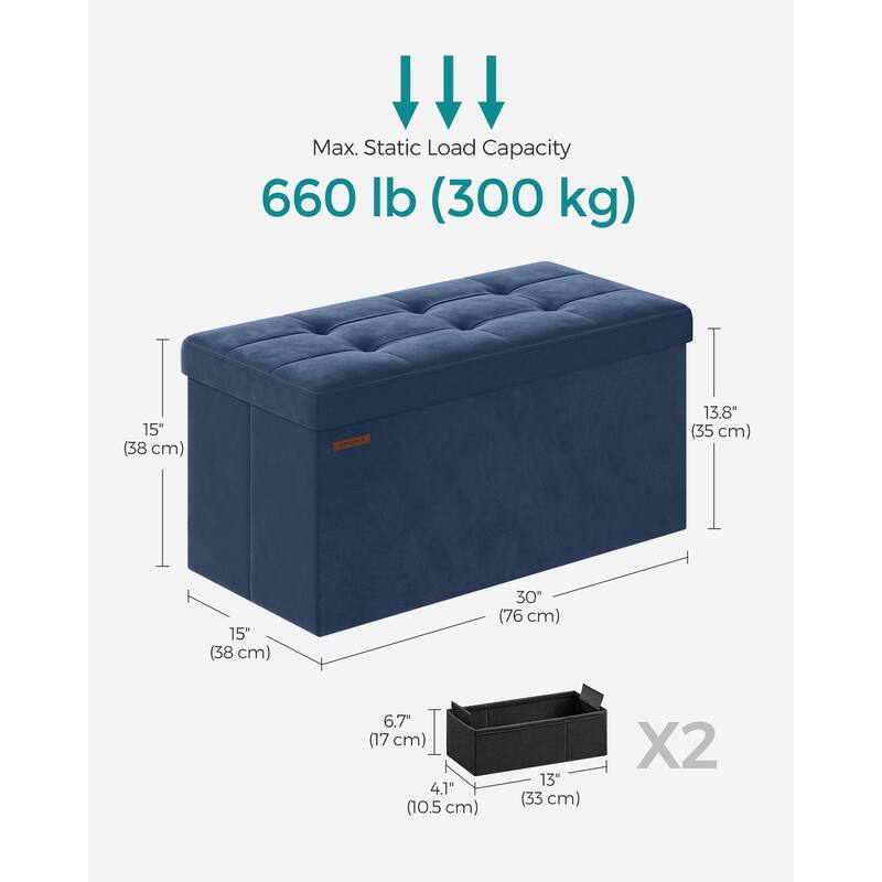 Storage Ottoman, Foldable Velvet Storage Bench, 2 Extra Storage Boxes, 15 x 30 x 15 Inches, 660 lb Load Capacity, for Entryway
