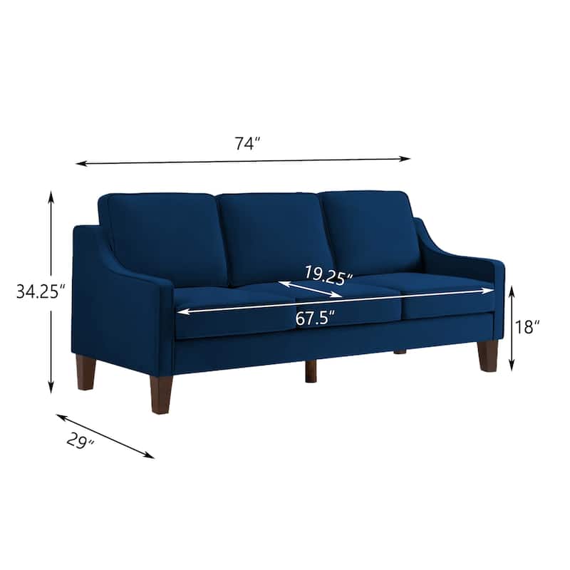 Modern 74" Velvet 3-seater Upholstered Sofa with Scooped Armrest and Removable Cushions for Living Room