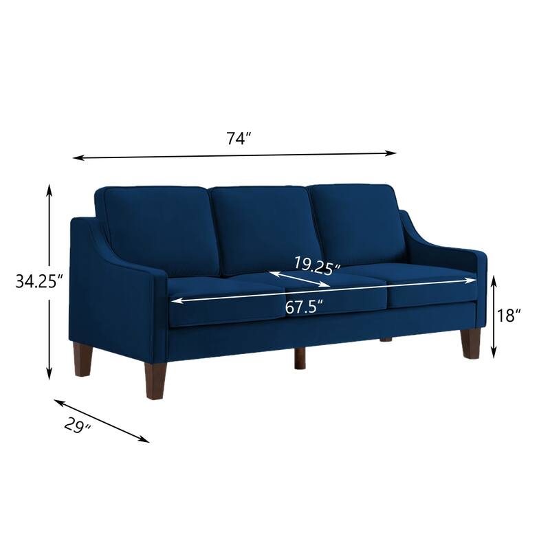 Navy Modern 74" Velvet 3-seater Upholstered Sofa with Scooped Armrest and Removable Cushions for Living Room