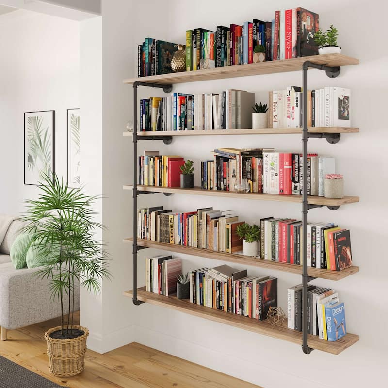 Wallniture 60 inch Industrial Floating Shelves for Wall, Wooden Book Shelves, Wall Mounted Pipe Shelf, 5-Tier