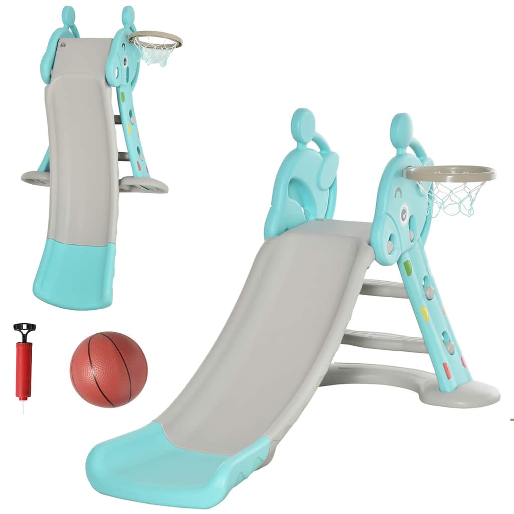 2 in 1 Kids Slide with Hoop Foldable Deer Shaped 18M-4Y Includes Ball Pump Blue