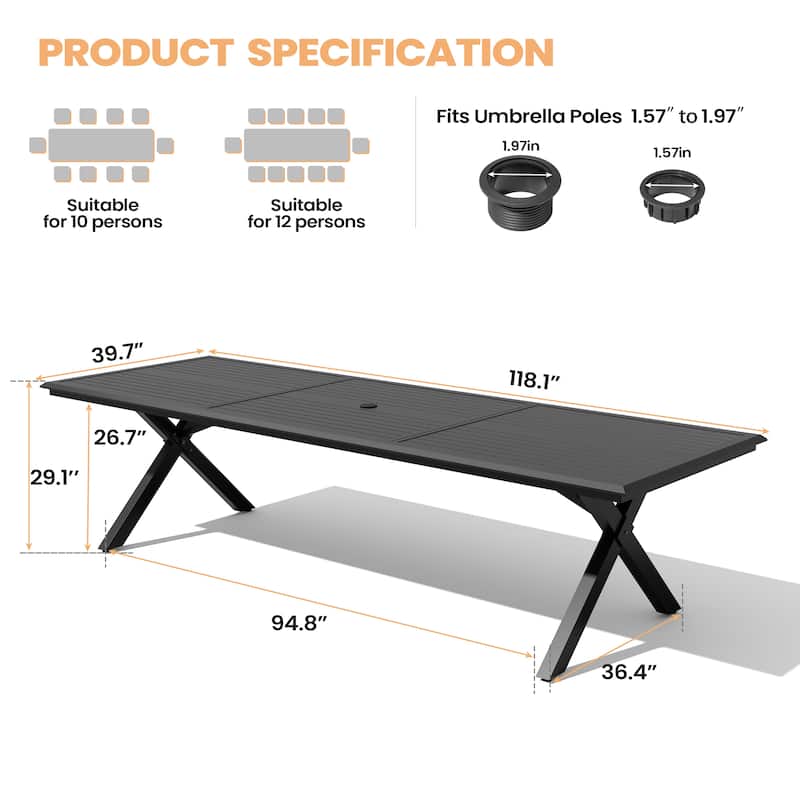 Pellebant Outdoor Patio All-Weather X-Shaped Aluminum Dining Table with Umbrella Hole for 10-14 Person