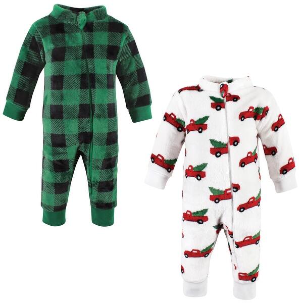 slide 1 of 1, Hudson Baby Unisex Baby Plush Jumpsuits, Christmas Tree Truck 0-3 Months - Christmas Tree Truck