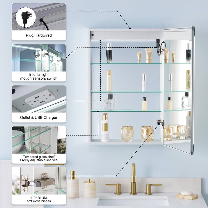 30" H Recessed or Surface LED Mirror Cabinet with Adjustable Glass Shelves,Defogger, Dimmer And Outlets & USB Ports