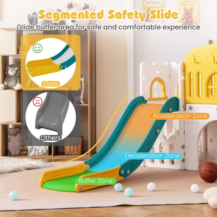 Yellow-Green-White HDPE Kids Slide Set with Climber, Tunnel and Hoop - 69.5" x 70" x 40.5" (L x W x H)