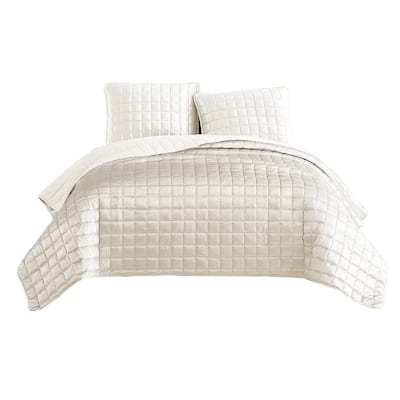 3 Piece Queen Size Coverlet Set with Stitched Square Pattern, Cream