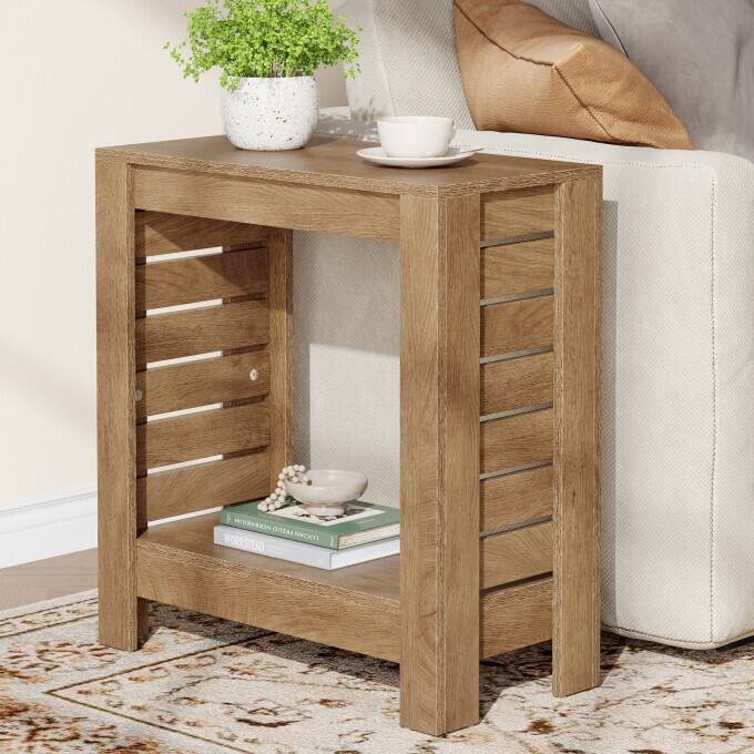 2-Tier Wooden Side Table, Narrow End Table For Small Spaces - 1PC