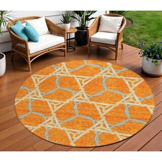 8' Orange And Blue Round Geometric Washable Indoor Outdoor Area Rug - 6 ...